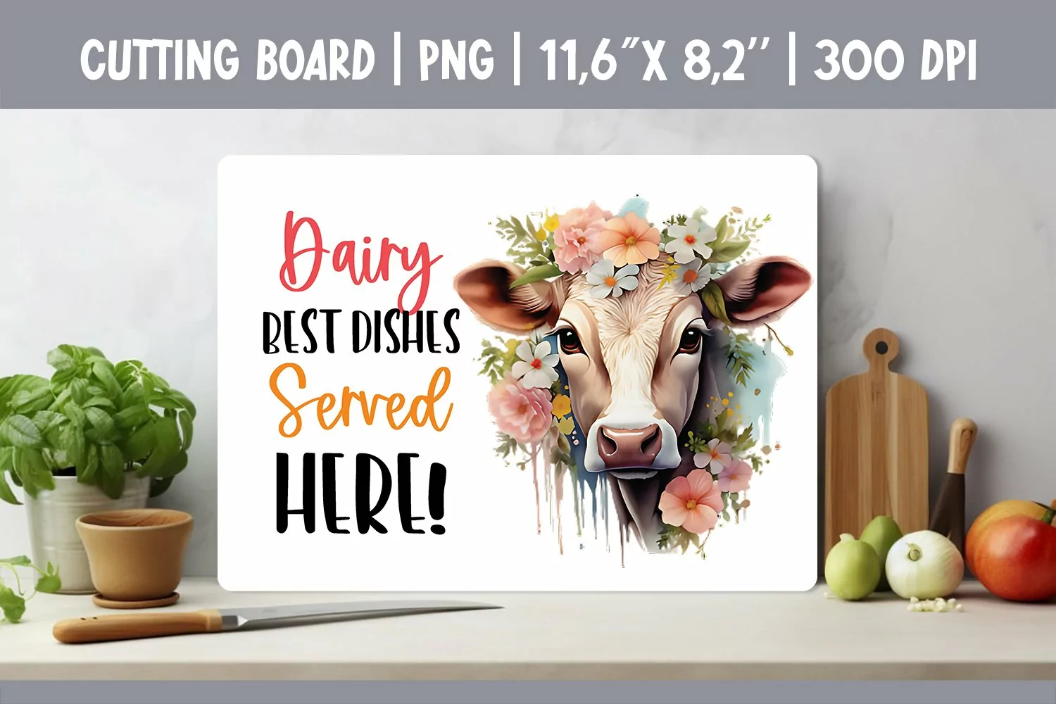 Farmhouse Kitchen Cutting Board Sublimation Design Cow product image 1