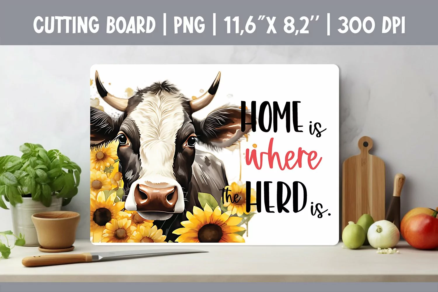 Farmhouse Kitchen Cutting Board Sublimation Design Cow product image 1