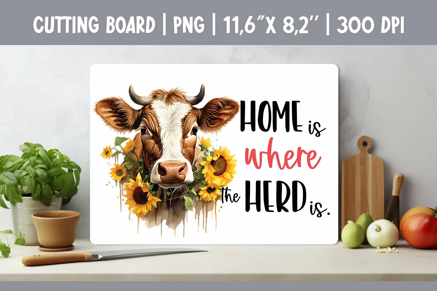 Farmhouse Kitchen Cutting Board Sublimation Design Cow product image 1