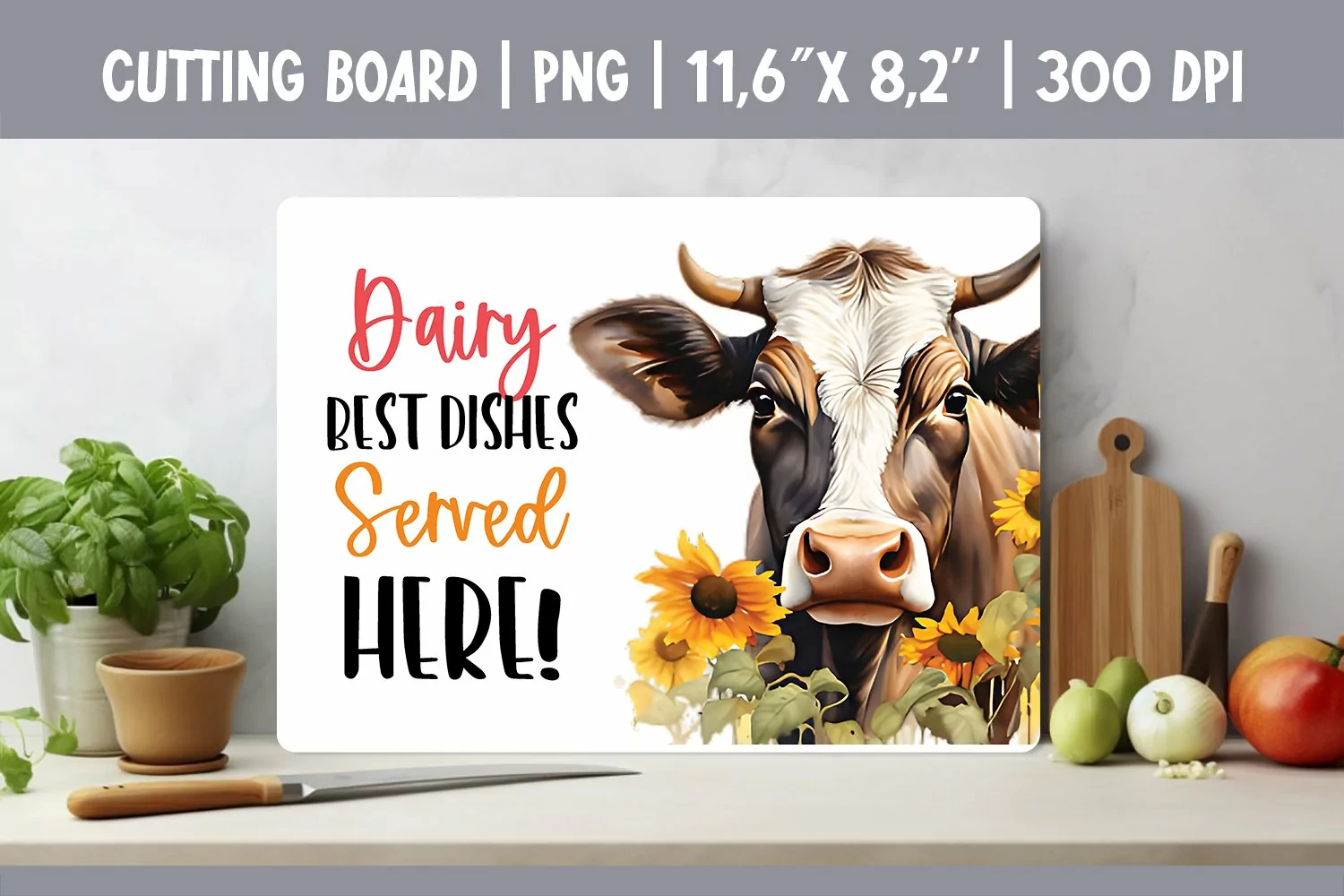 Farmhouse Kitchen Cutting Board Sublimation Design Cow product image 1