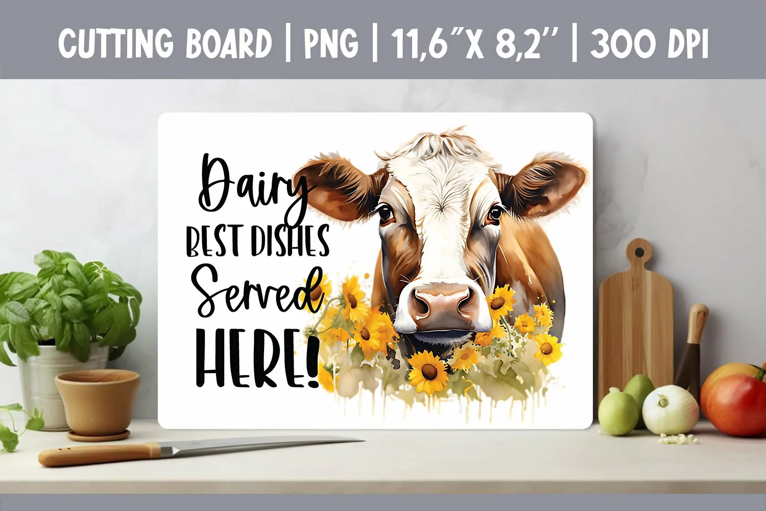 Farmhouse Kitchen Cutting Board Sublimation Design Cow product image 1