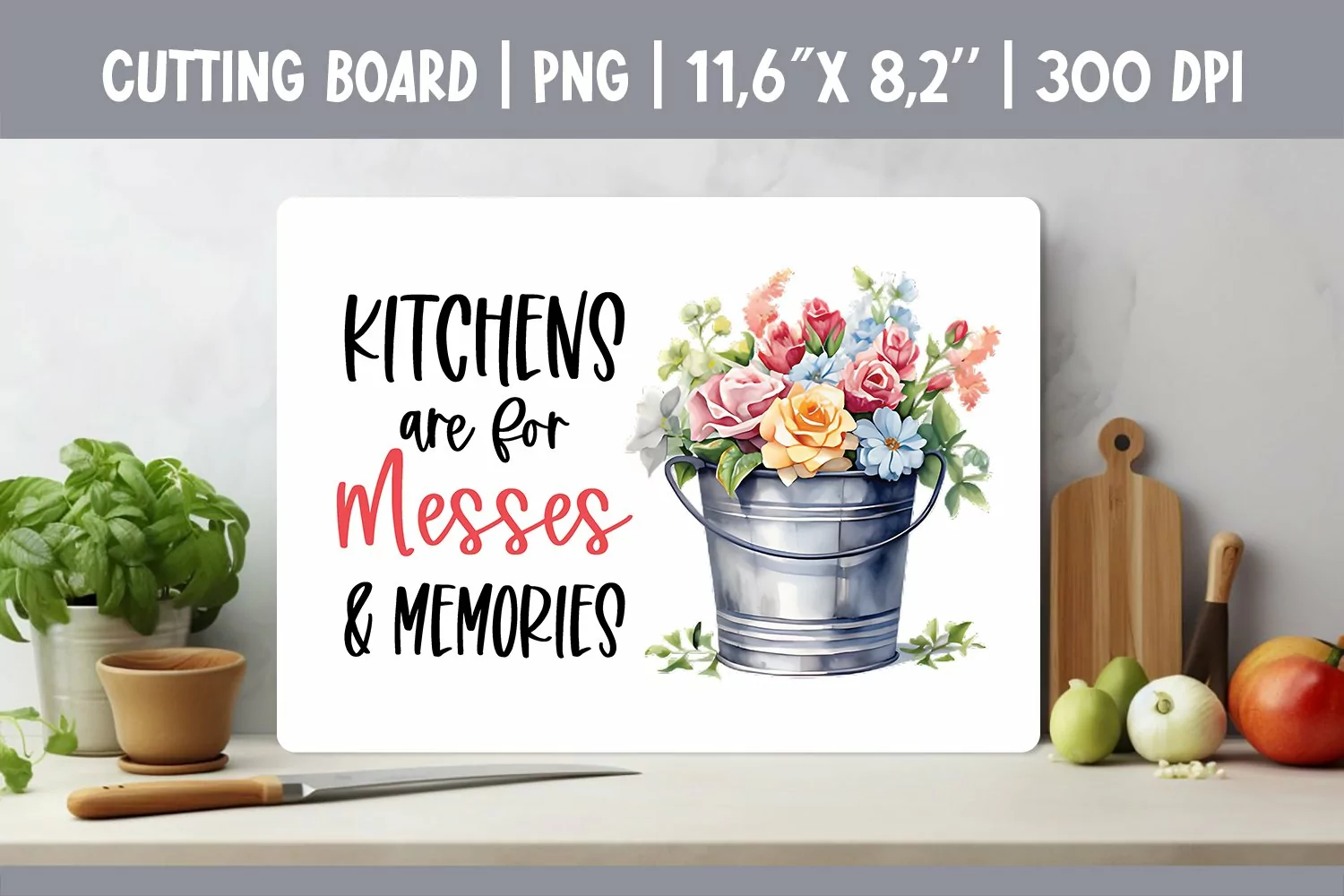 Farmhouse Kitchen Cutting Board Sublimation Design Flowers product image 1