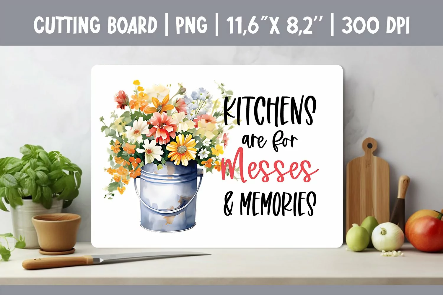 Farmhouse Kitchen Cutting Board Sublimation Design Flowers product image 1