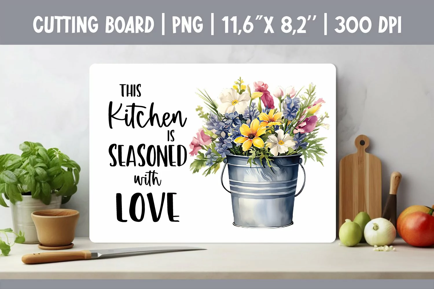 Farmhouse Kitchen Cutting Board Sublimation Design Flowers product image 1