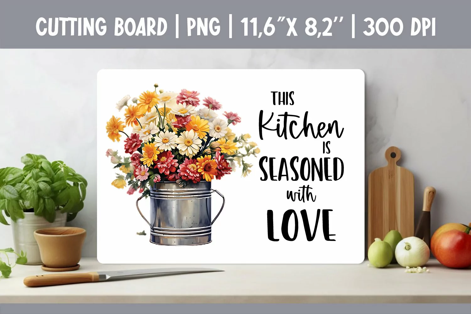 Farmhouse Kitchen Cutting Board Sublimation Design Flowers product image 1
