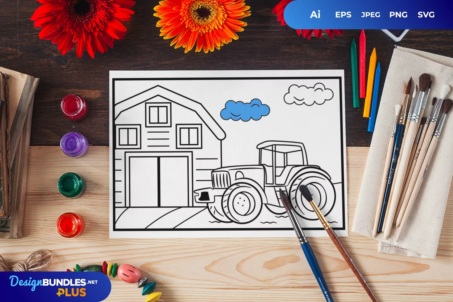 Farmhouse and Tractor Coloring Page product image 1