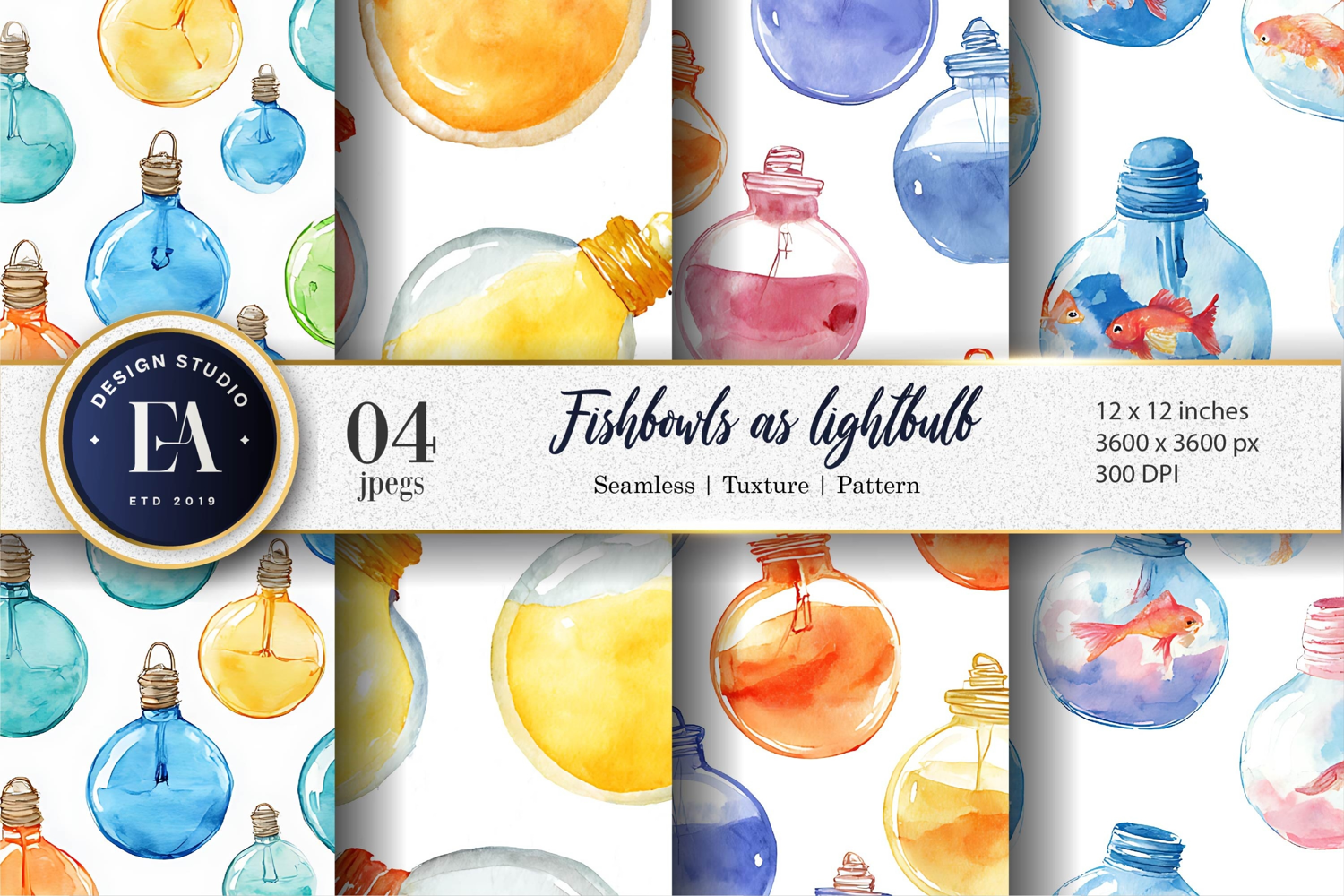 Fishbowls Shaped Like Lightbulbs Watercolor Digital Paper product image 1
