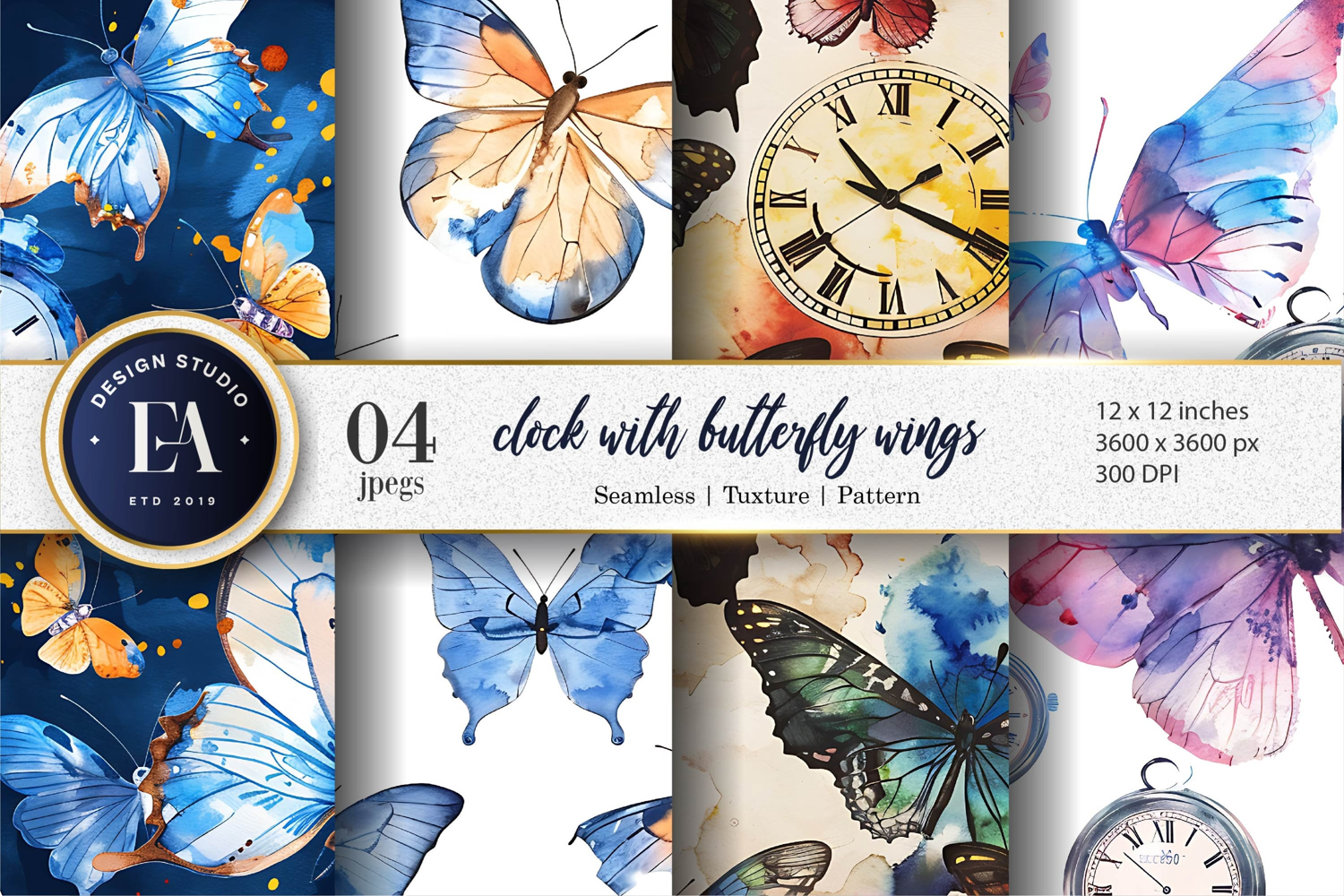 Butterfly Winged Clocks Surreal Watercolor Seamless DP product image 1
