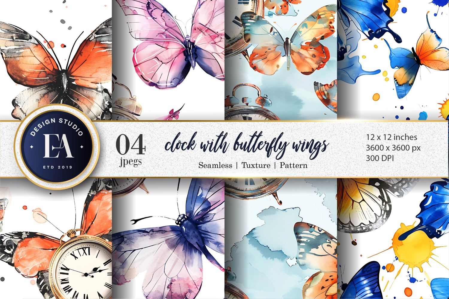 Floating Clocks with Butterfly Wings Watercolor Digital Pape product image 1