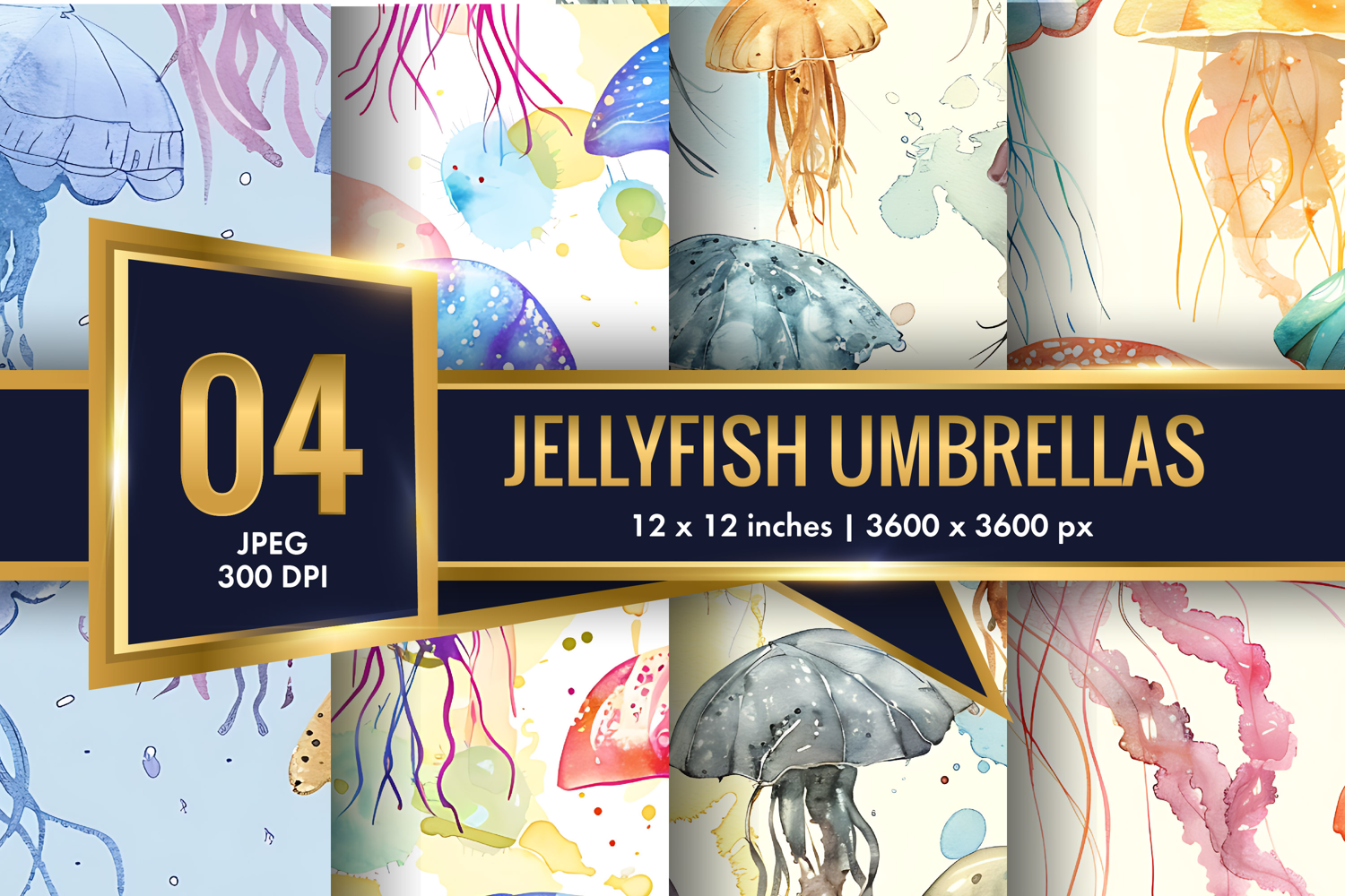 Floating Jellyfish Umbrellas with Watercolor Digital Paper product image 1
