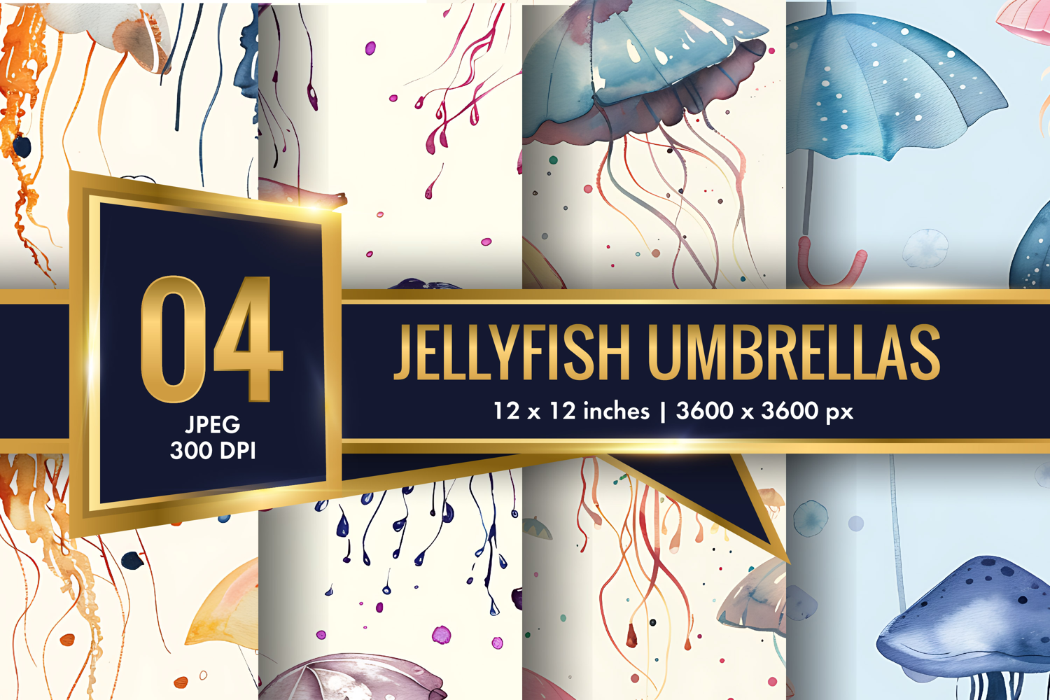 Floating Jellyfish Umbrellas with Watercolor Digital Paper product image 1