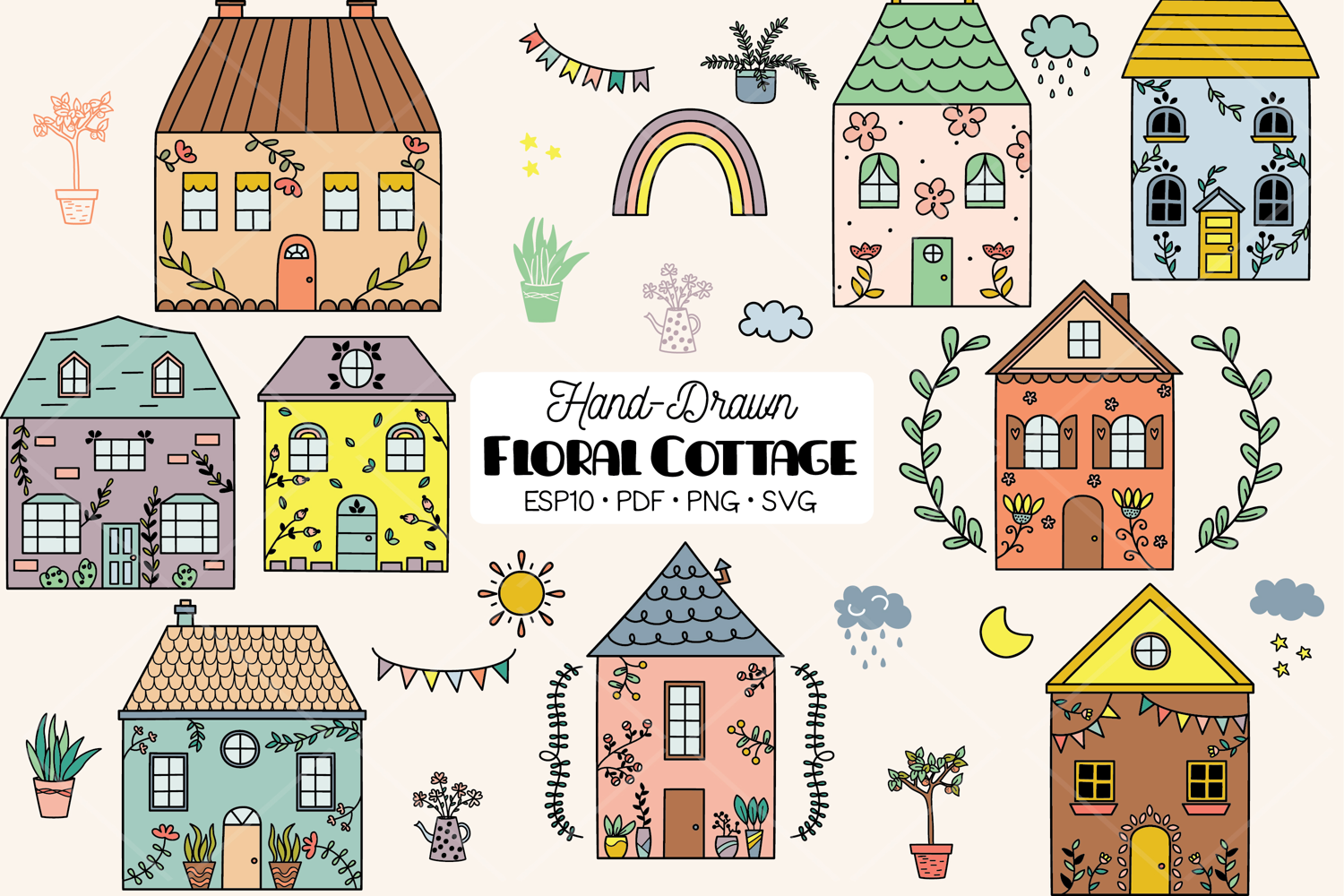 Floral Cottage Color Doodles, Home, House, Flower, Plants product image 1