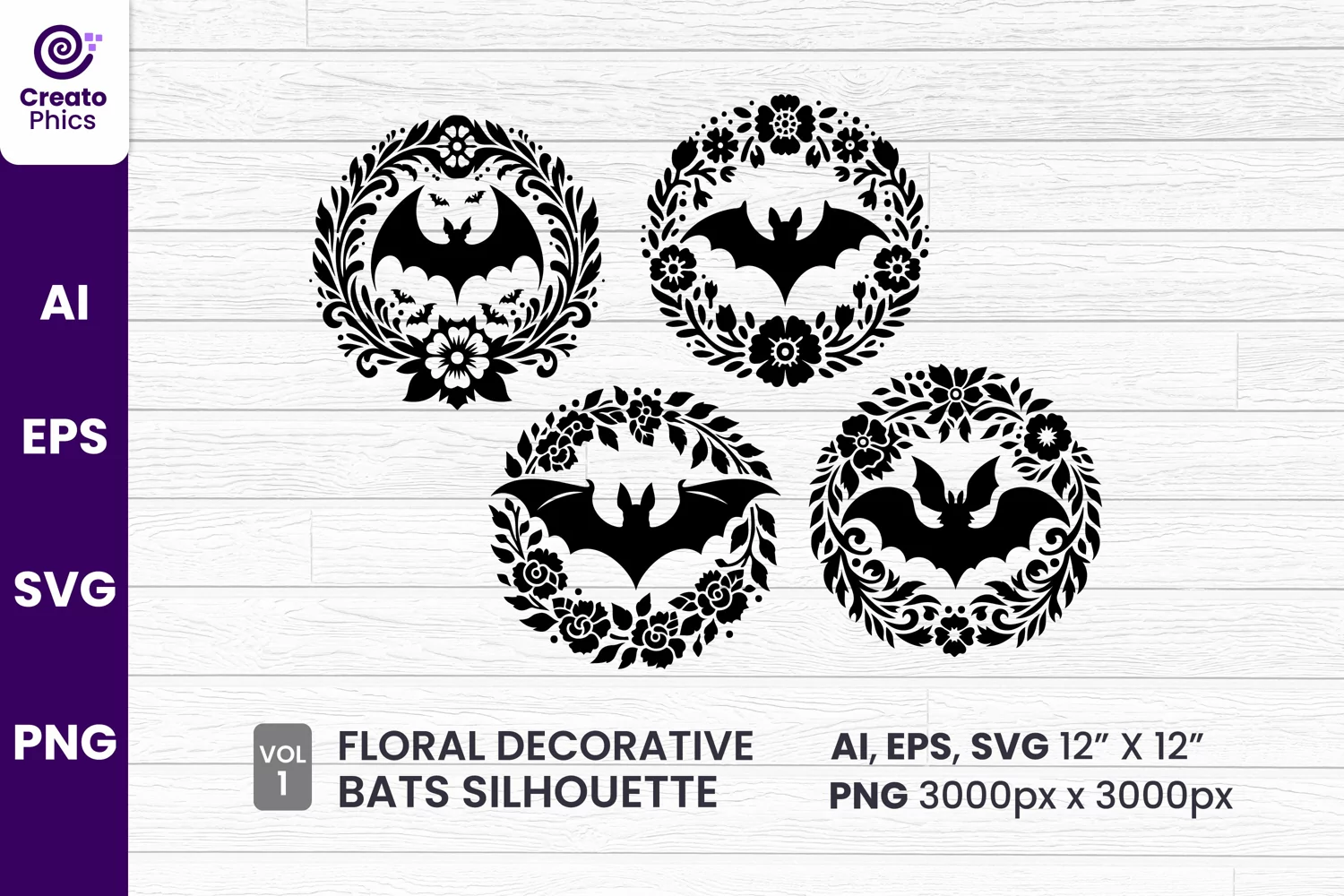 bat, floral bat, silhouette, bat sublimation, floral wreath, decorative, spooky, bat clipart svg,