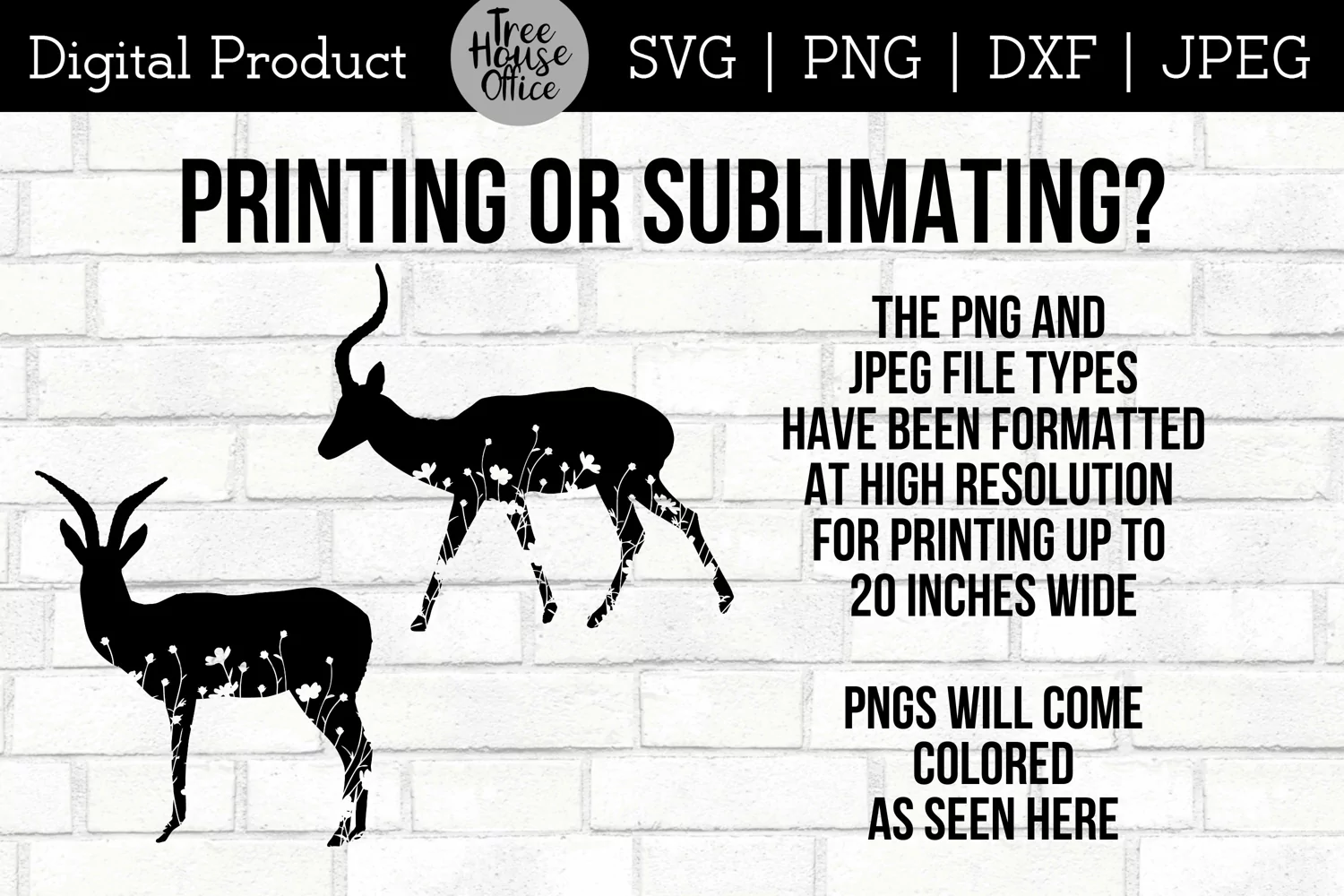 Floral Impala SVG Digital Files features two different impala designs with wildflowers inside the silhouette. Directions given for using PNG for printing or sublimating projects