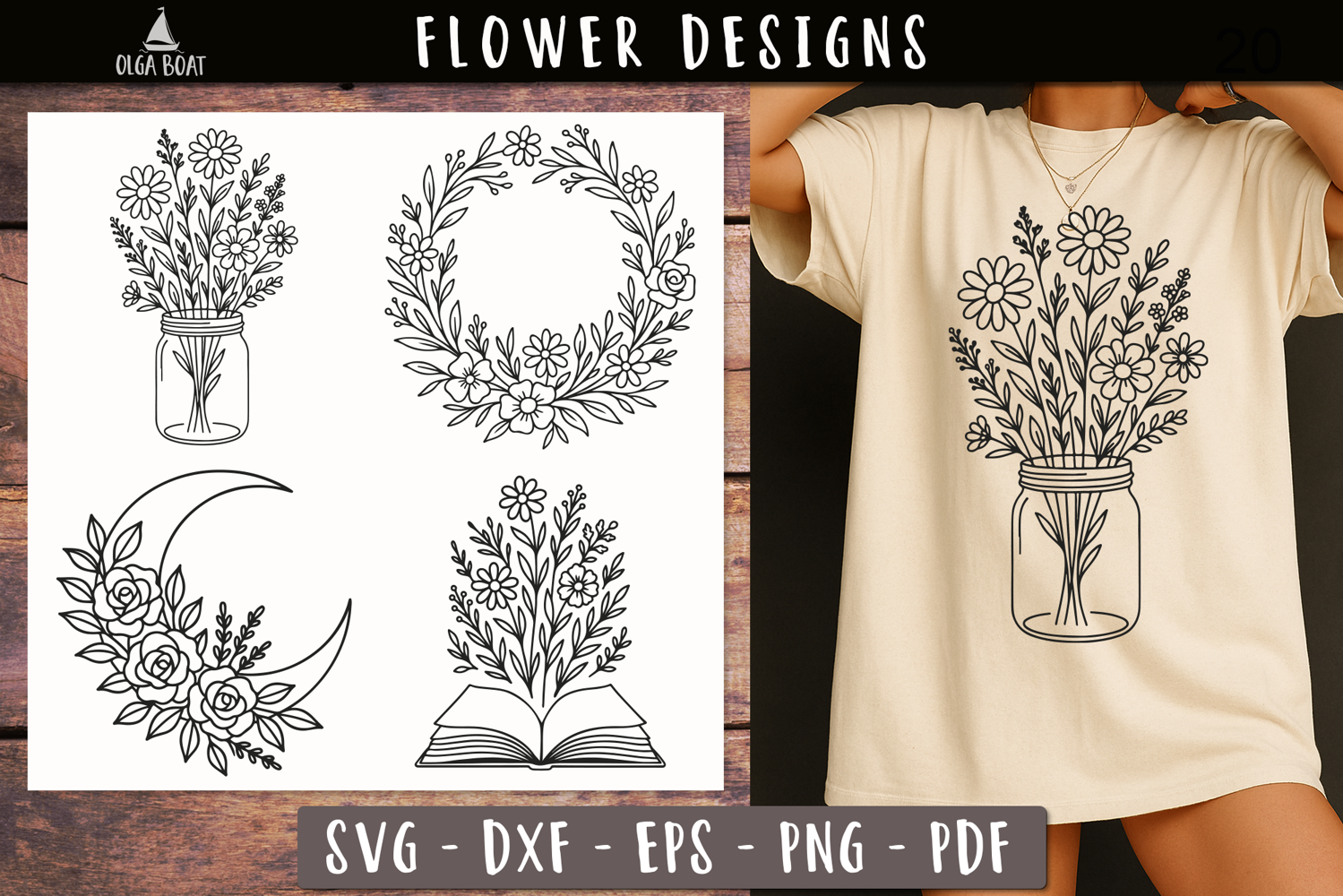 Floral Jar Book Moon Wreath SVG Vintage print
