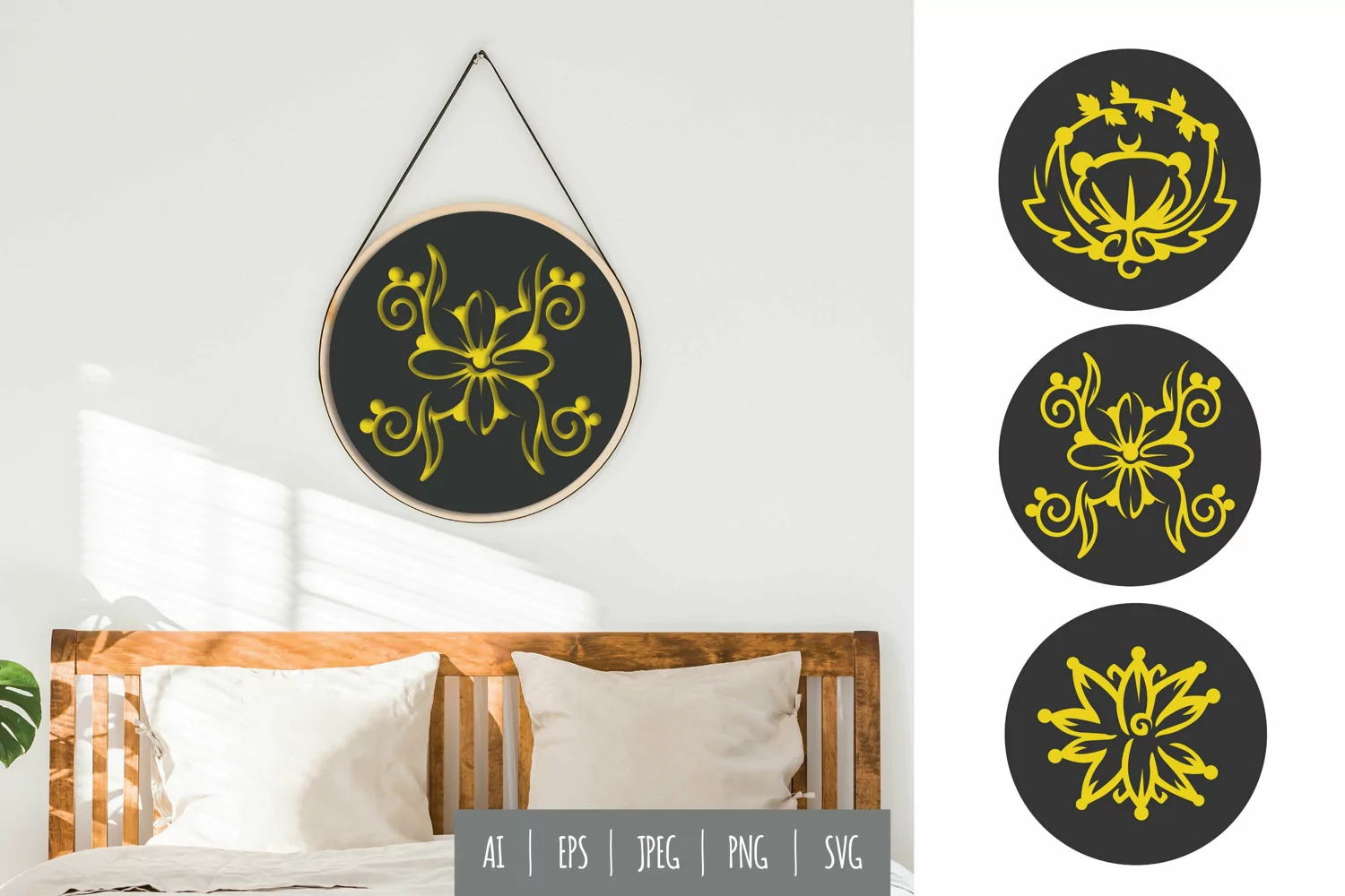 Flower with Swirls and Leaves in Round Shaped Template Set product image 1