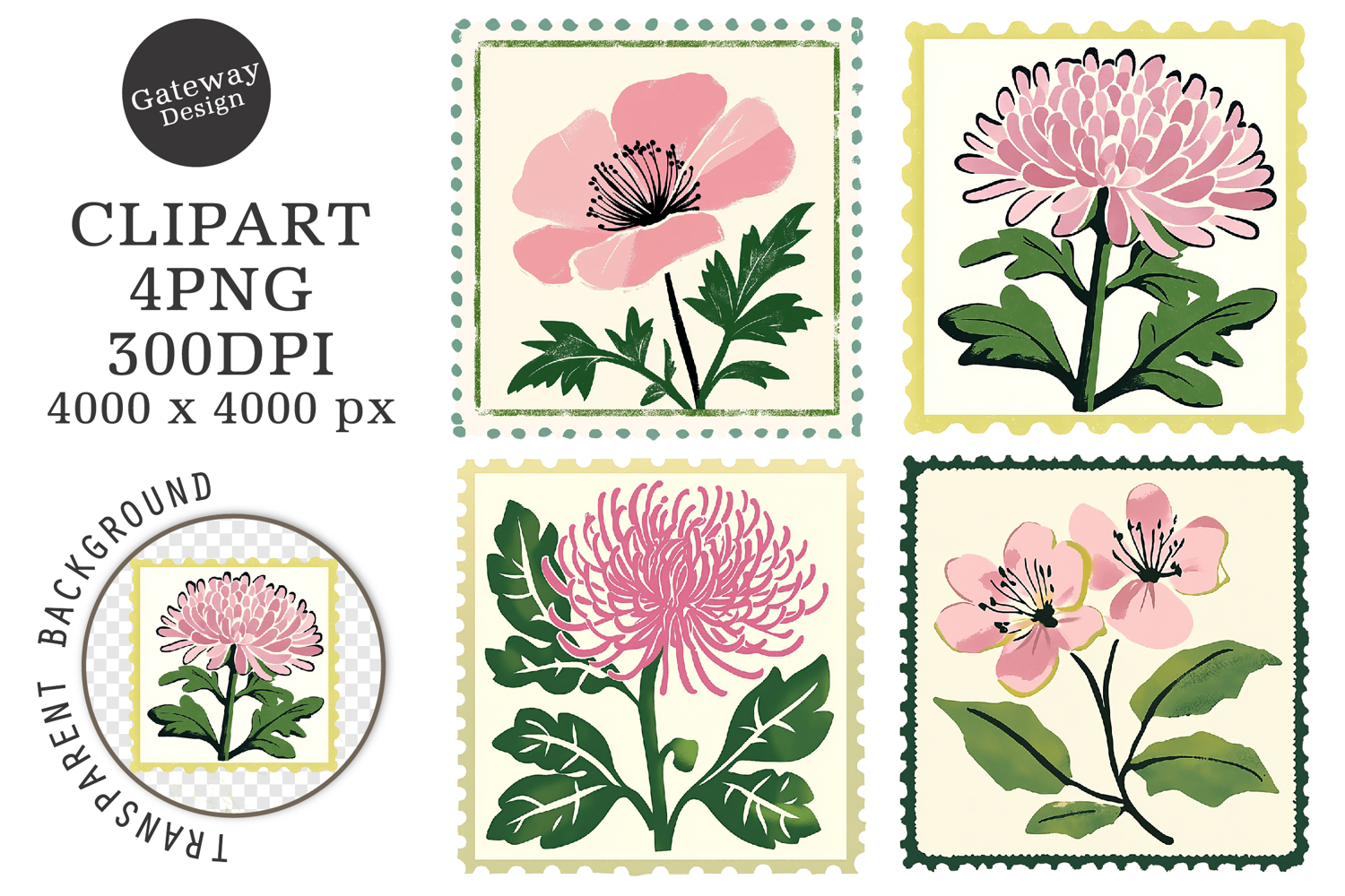 Floral Postage Stamp Stickers Clipart product image 1