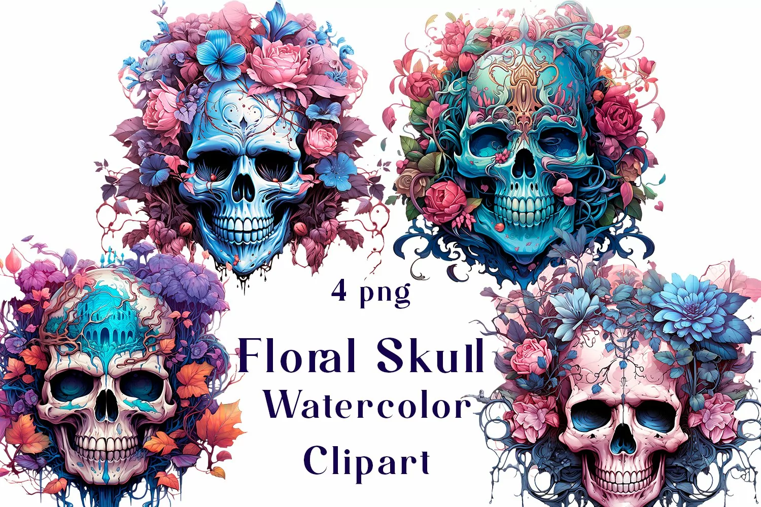 Floral Skull Watercolor Clipart product image 1