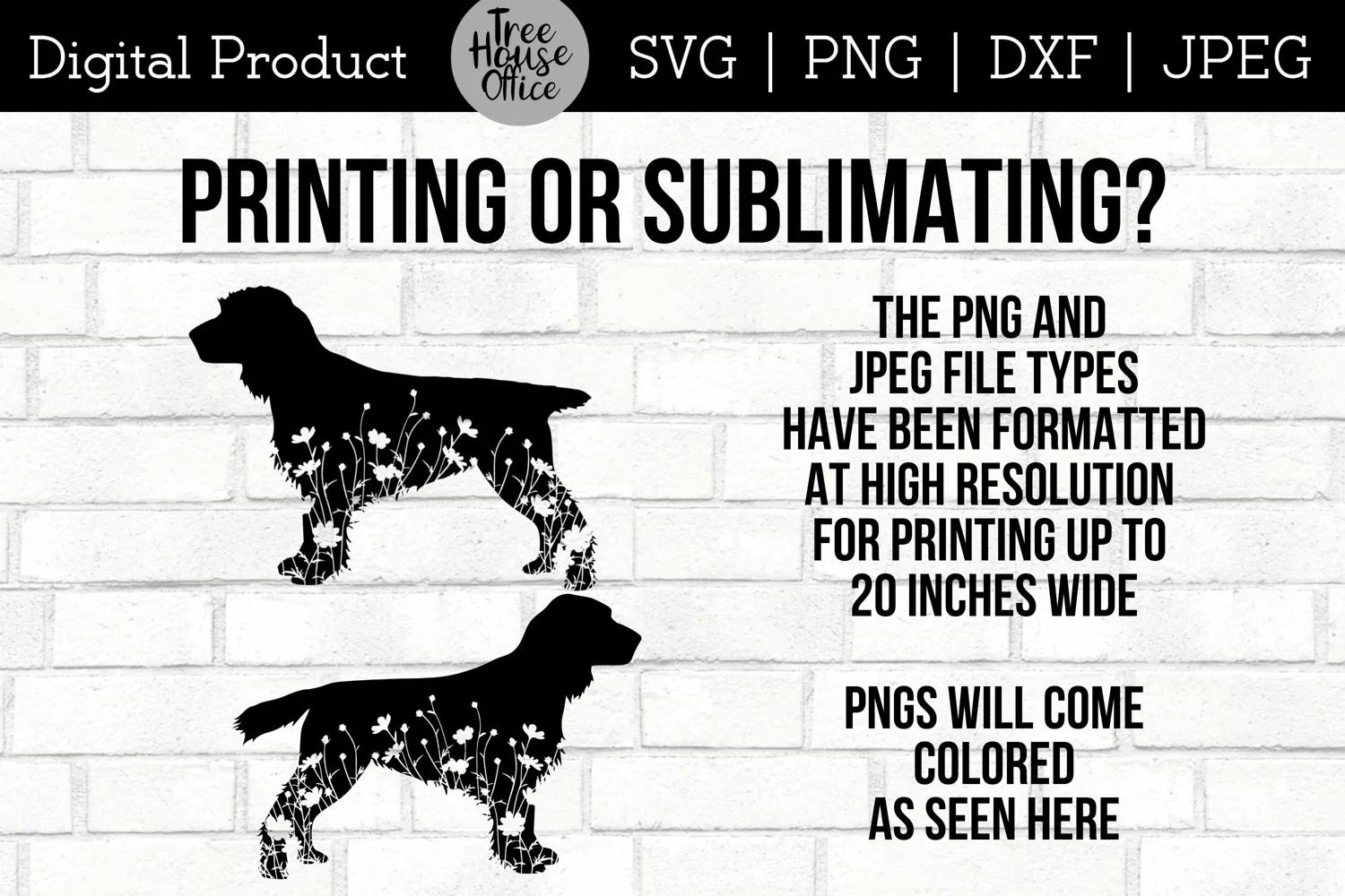 Floral Spaniel Dog SVG Digital Files features two different cocker spaniel designs with wildflowers inside the dog silhouette. Directions given for using PNG for printing or sublimating projects