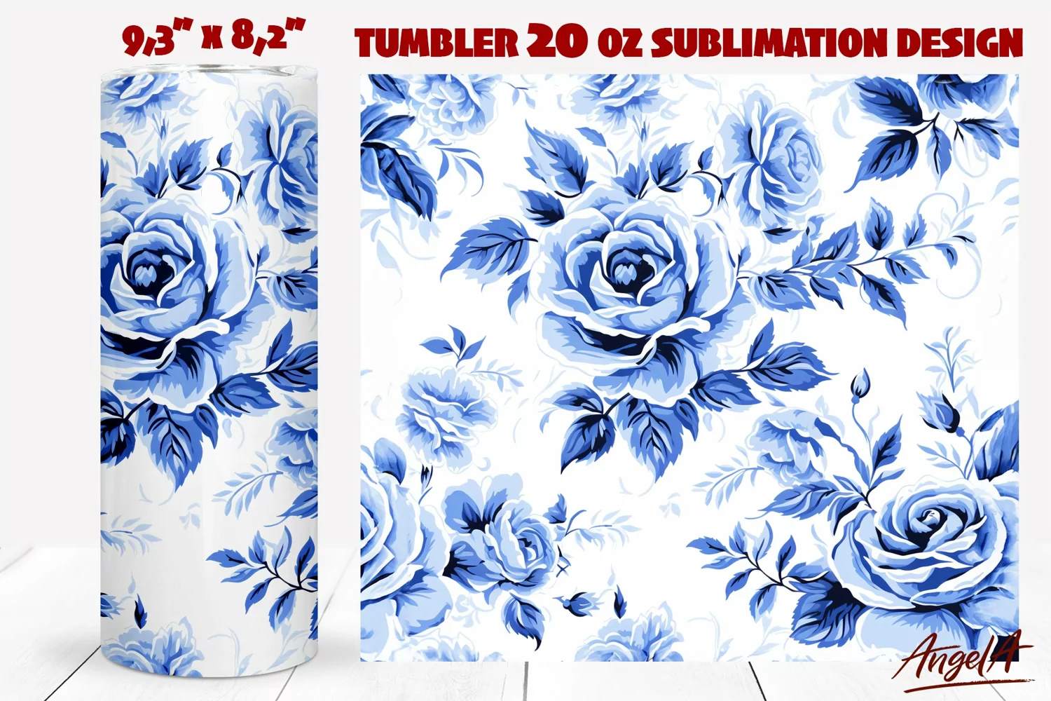 Roses tumbler wrap, blue roses, retro blue floral tumbler product image 1