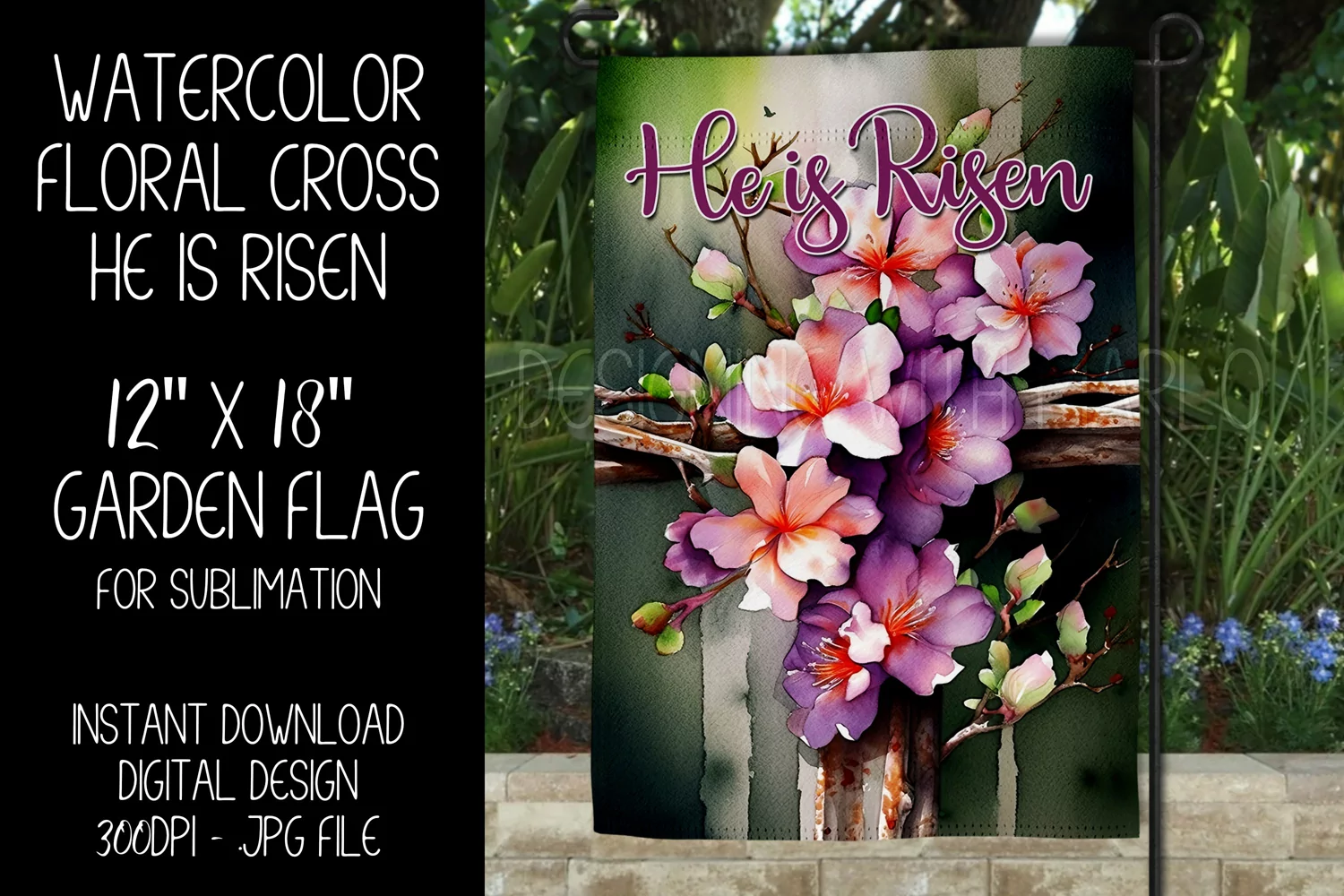 Floral Easter Cross He is Risen Garden Flag Sublimation, d1 product image 1