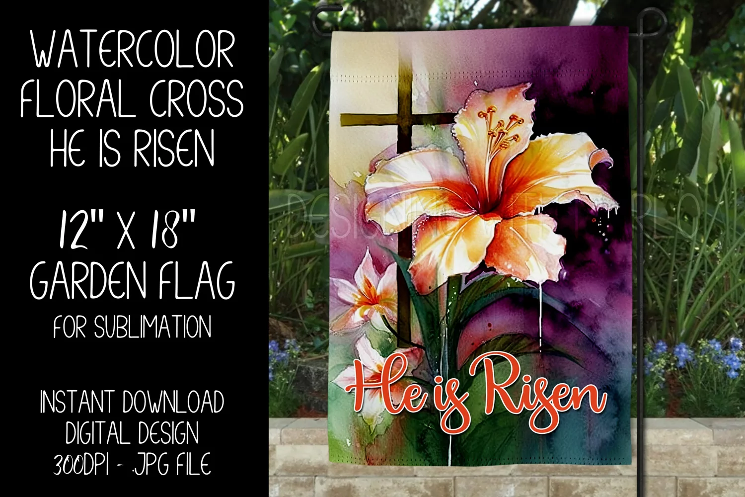 Floral Easter Cross He is Risen Garden Flag Sublimation, d2 product image 1