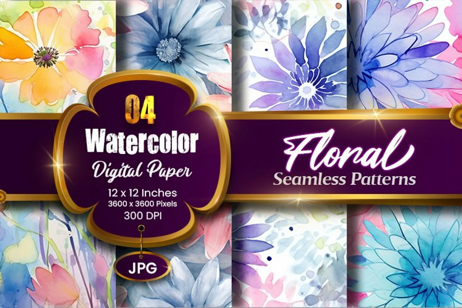 Floral Watercolor Digital Paper, Floral Sublimation product image 1