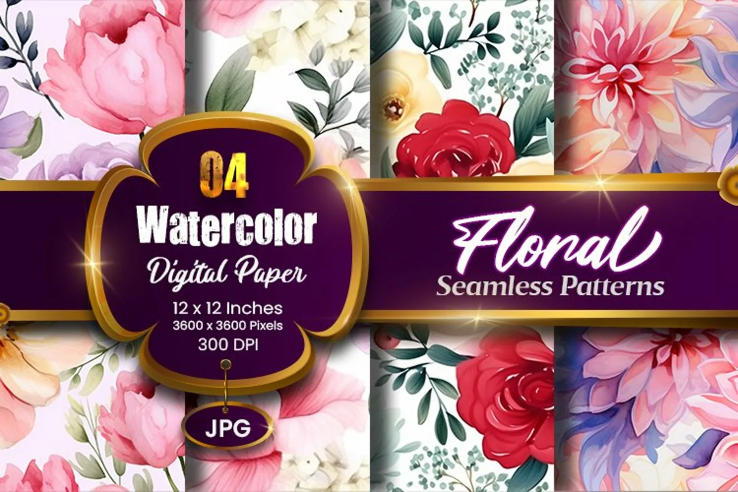 Floral Watercolor Digital Paper, Floral Sublimation product image 1
