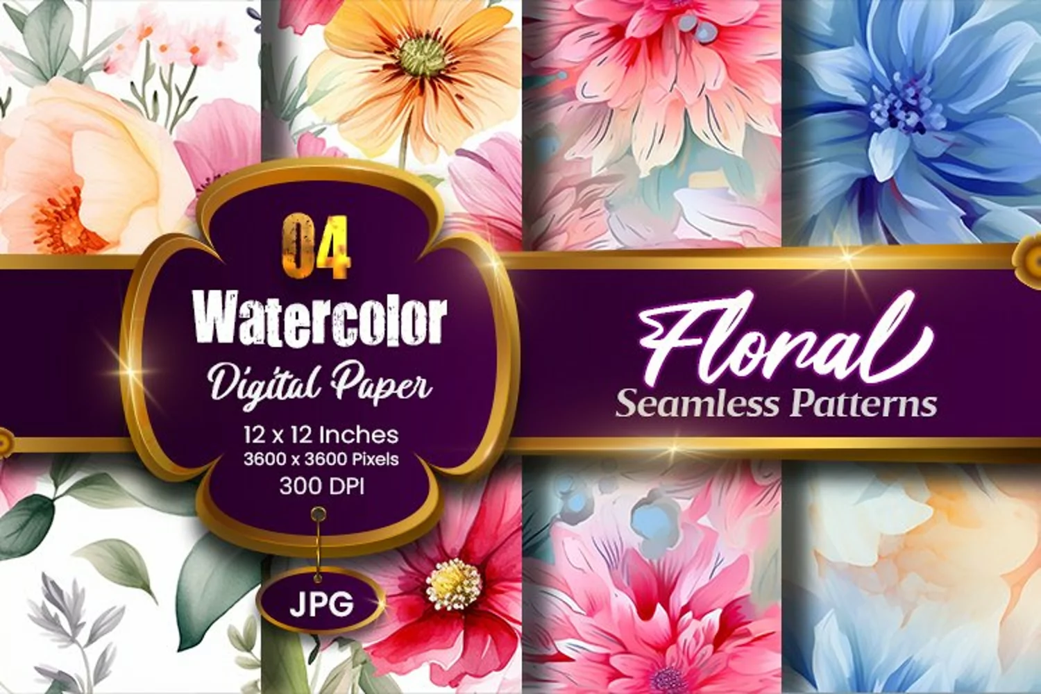 Floral Watercolor Digital Paper, Floral Sublimation product image 1