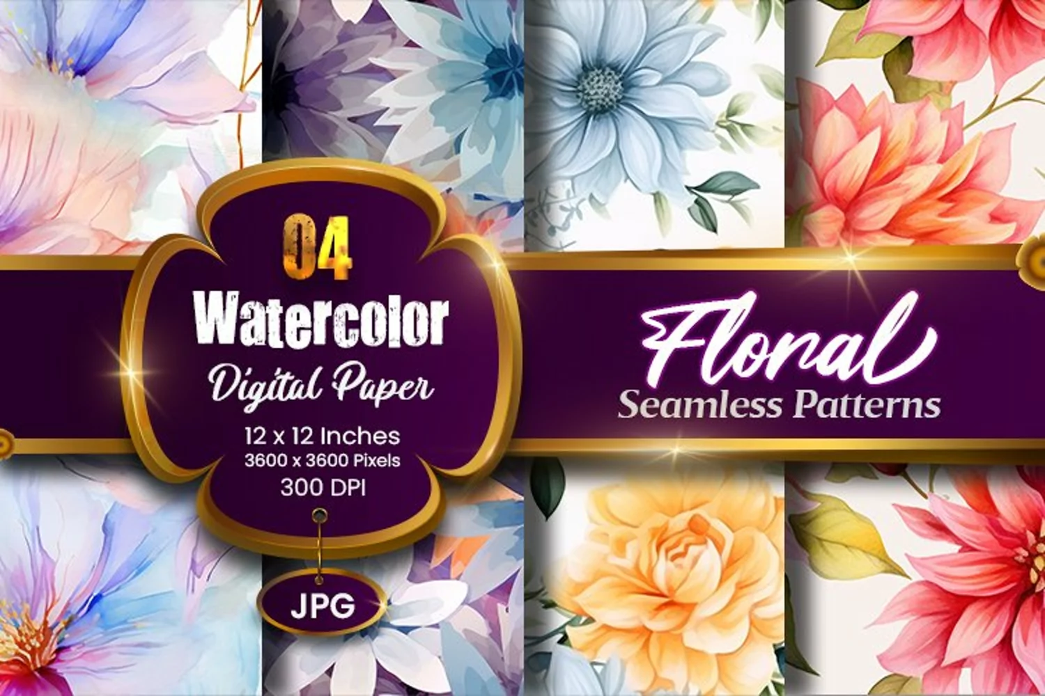 Floral Watercolor Digital Paper, Floral Sublimation product image 1