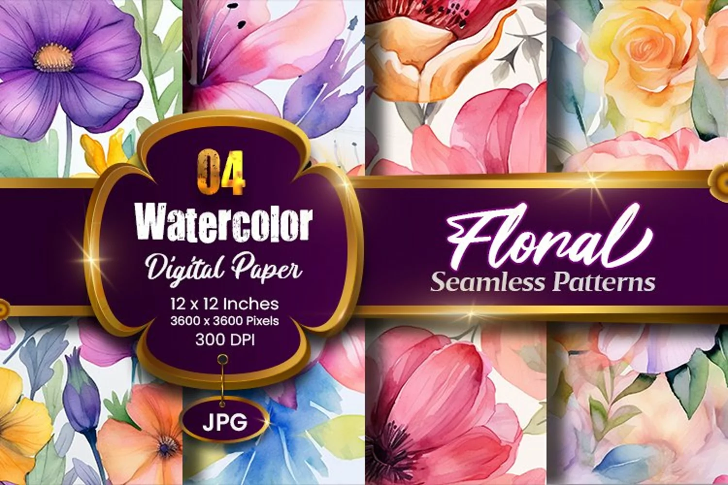 Floral Watercolor Digital Paper, Floral Sublimation product image 1