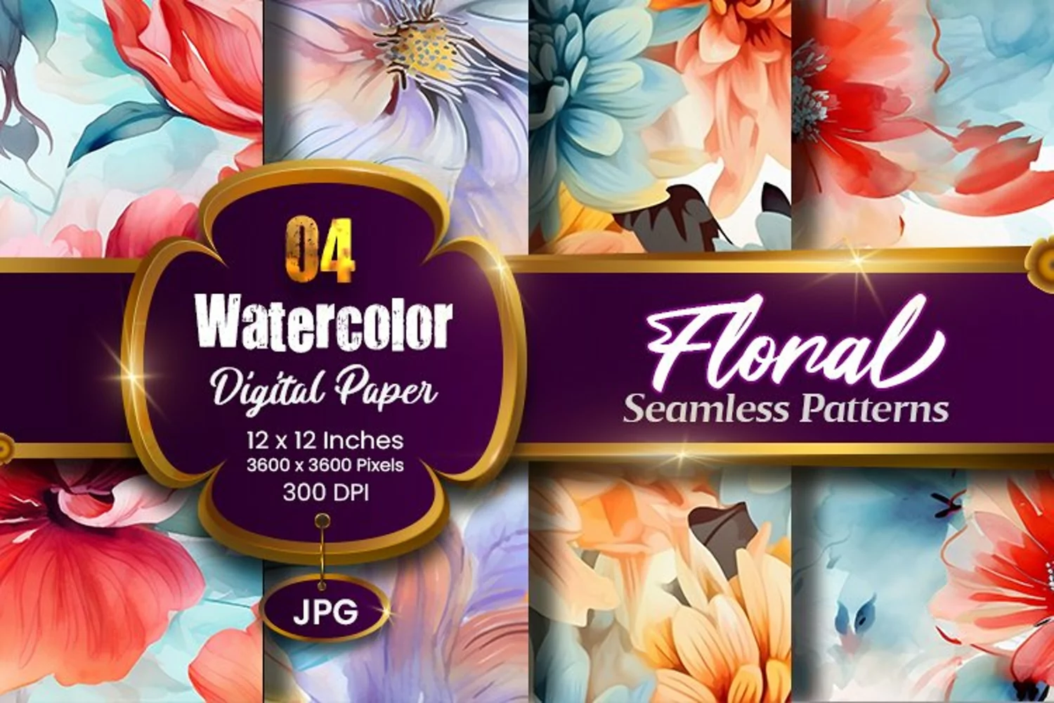 Floral Watercolor Digital Paper, Floral Sublimation product image 1