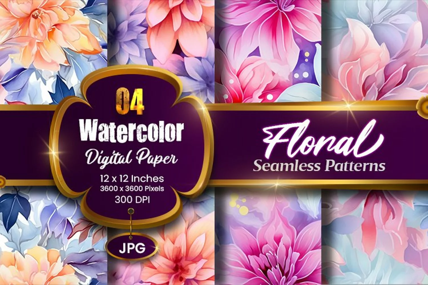 Floral Watercolor Digital Paper, Floral Sublimation product image 1