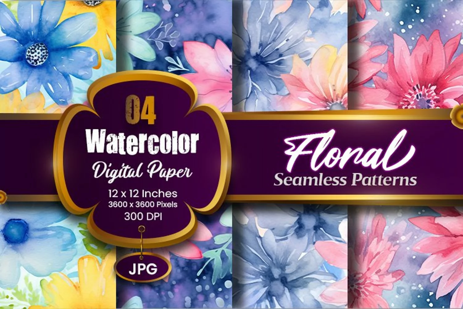 Floral Watercolor Digital Paper, Floral Sublimation product image 1