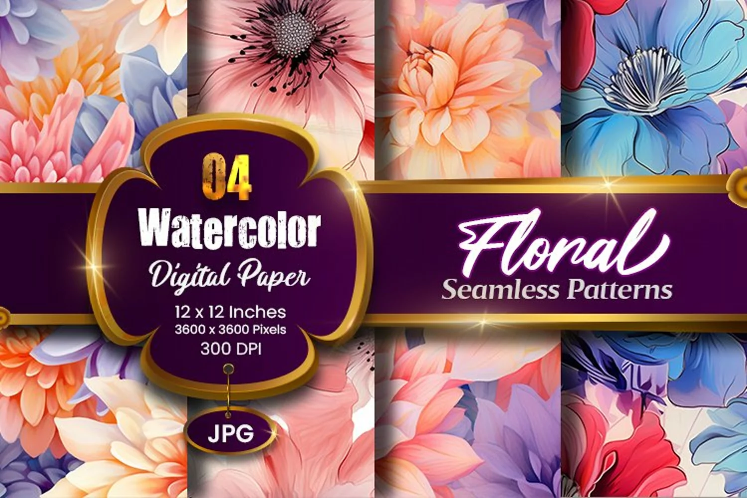 Floral Watercolor Digital Paper, Floral Sublimation product image 1