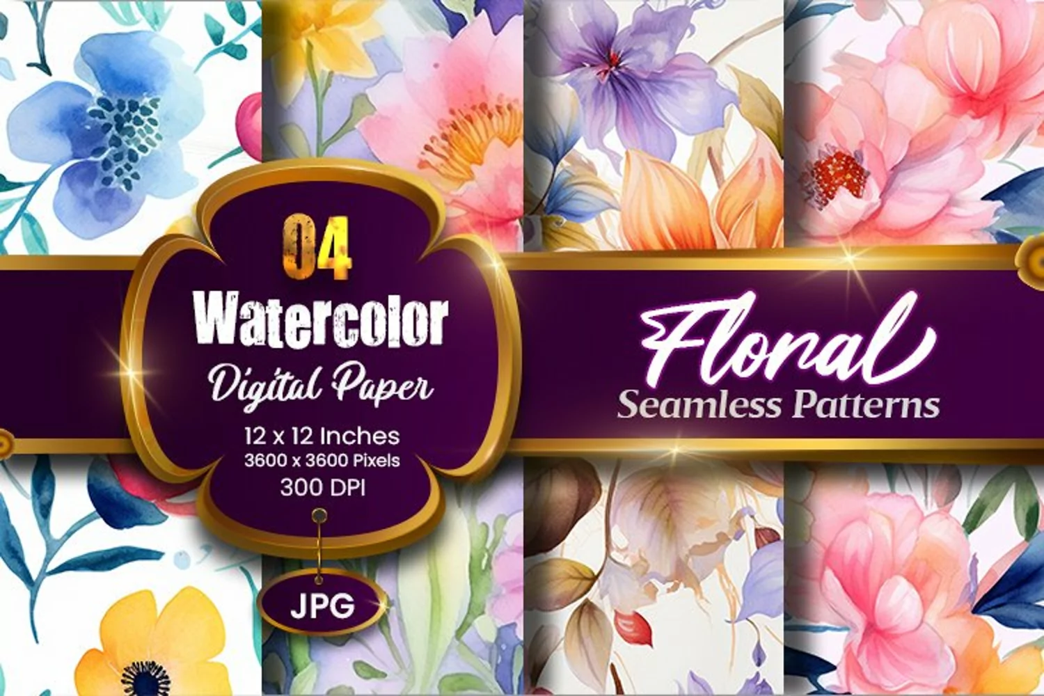 Floral Watercolor Digital Paper, Floral Sublimation product image 1
