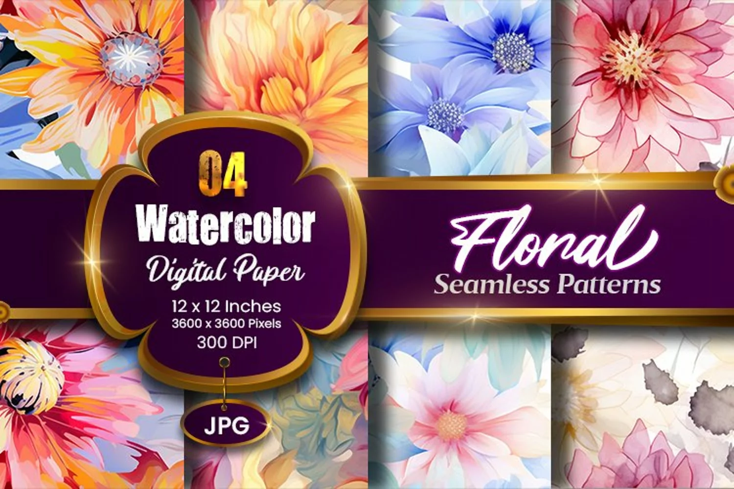 Floral Watercolor Digital Paper, Floral Sublimation product image 1
