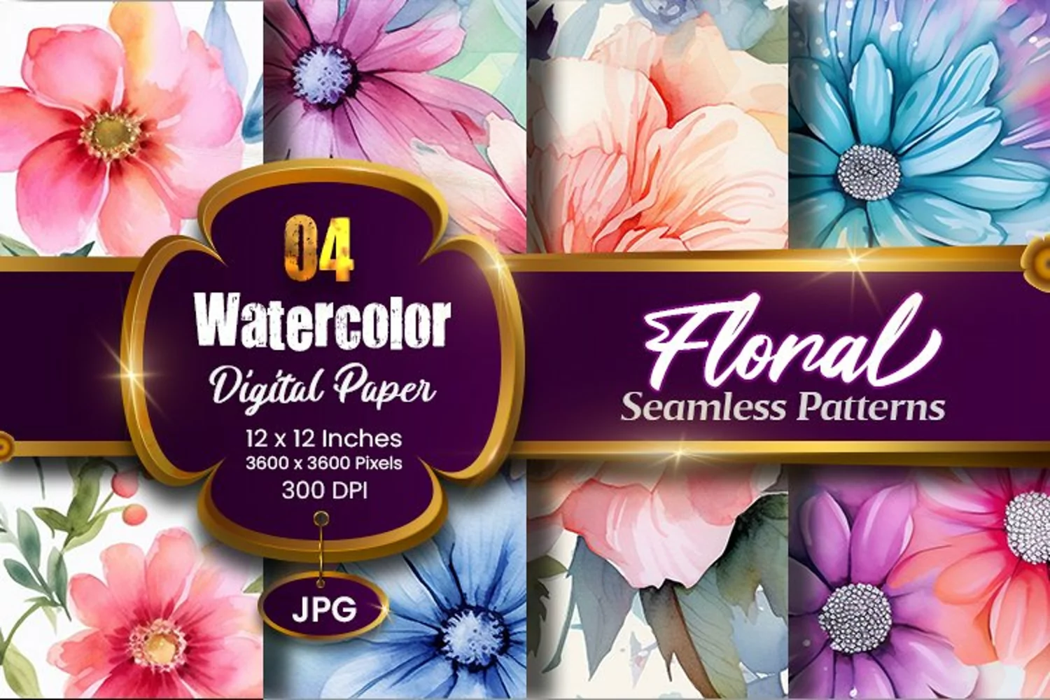 Floral Watercolor Digital Paper, Floral Sublimation product image 1