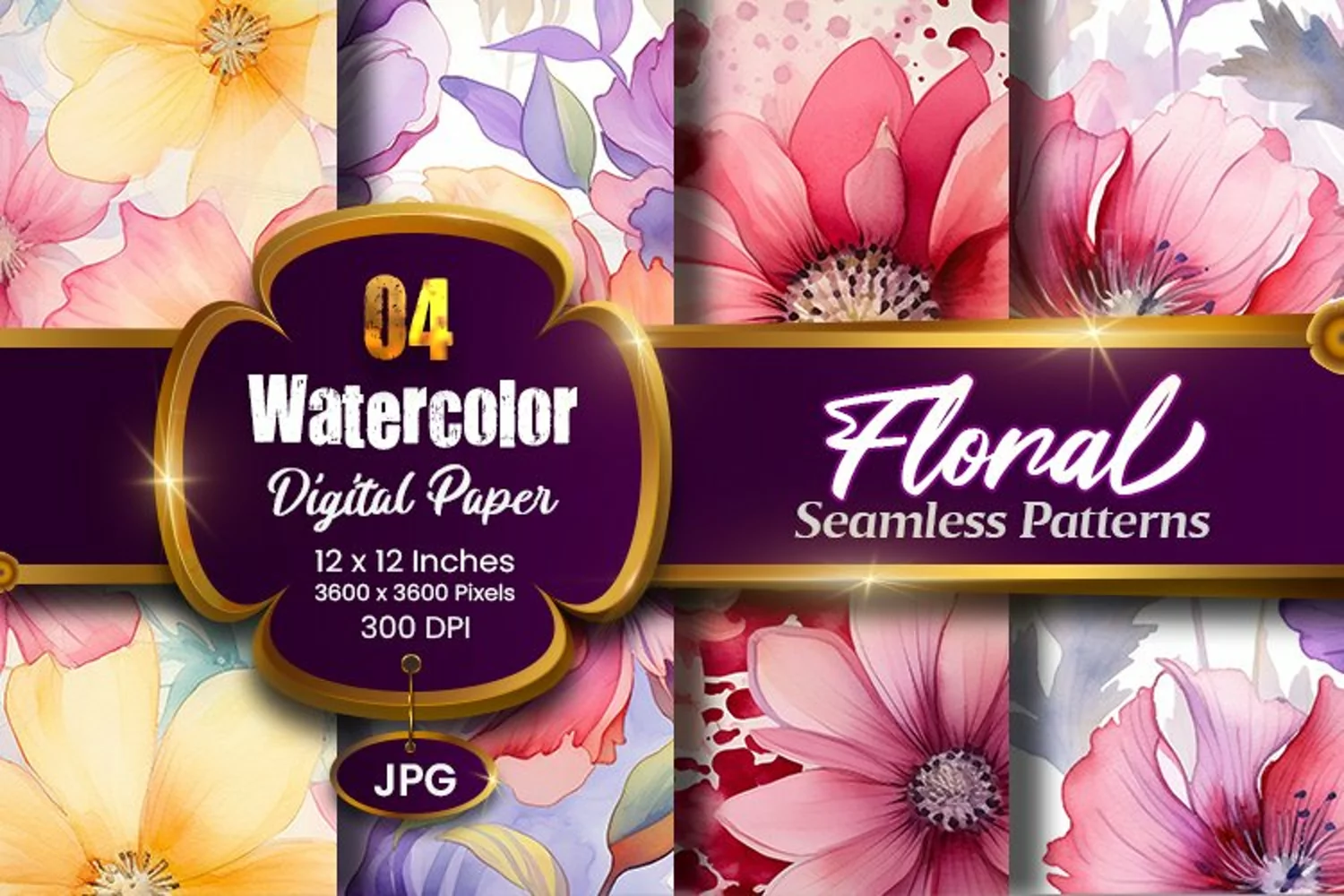 Floral Watercolor Digital Paper, Floral Sublimation product image 1