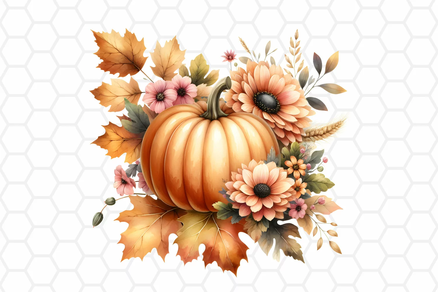 Floral Watercolor Fall Pumpkin Clipart Sublimation PNG