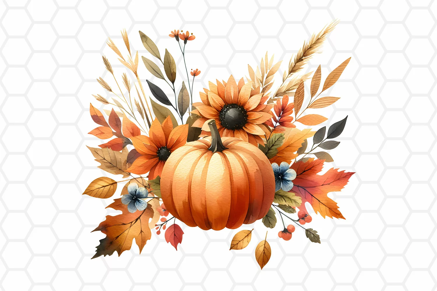 Floral Watercolor Fall Pumpkin Clipart Sublimation PNG