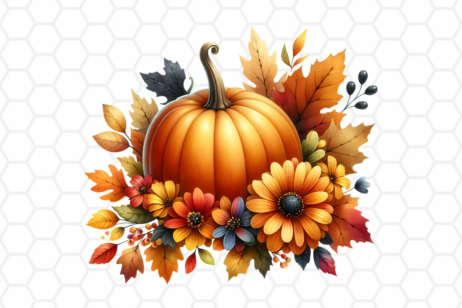 Floral Watercolor Fall Pumpkin Clipart Sublimation PNG