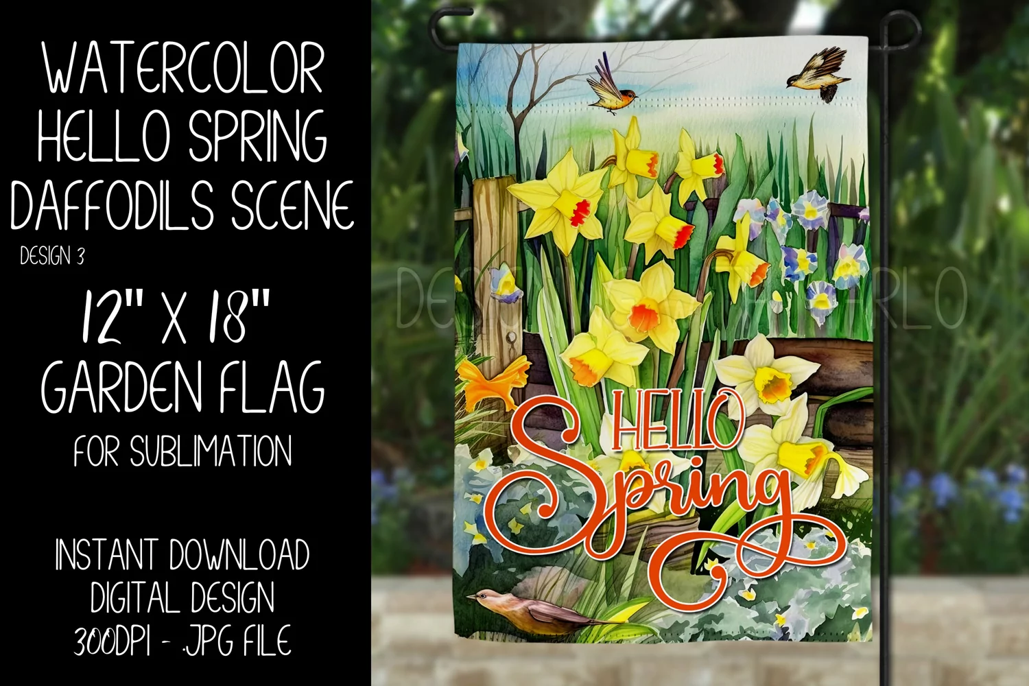 Spring Garden Flag Sublimation Design, Daffodil Scenery, d3 product image 1