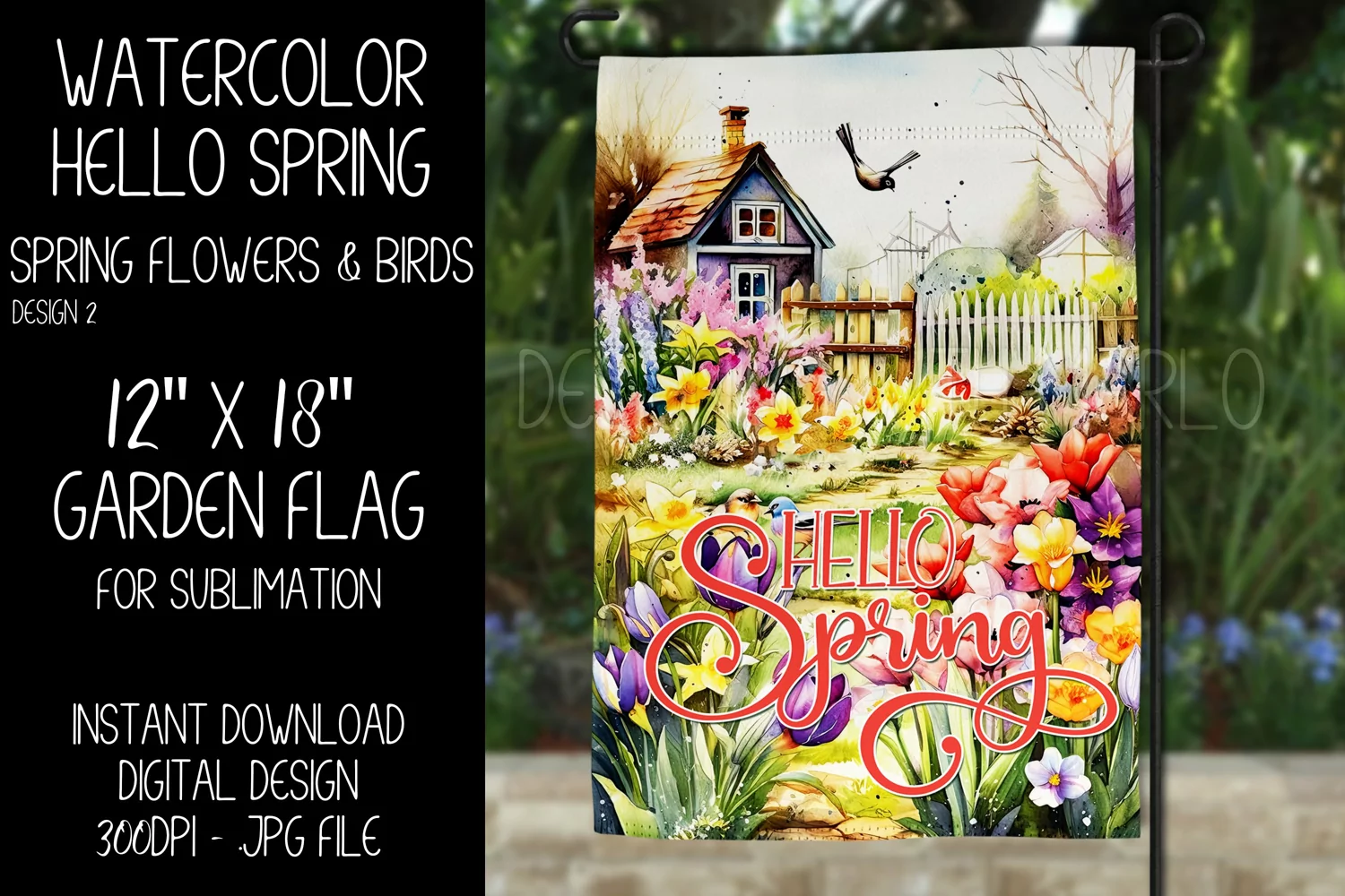 Hello Spring Garden Flag Sublimation Design, Flowers & Birds product image 1