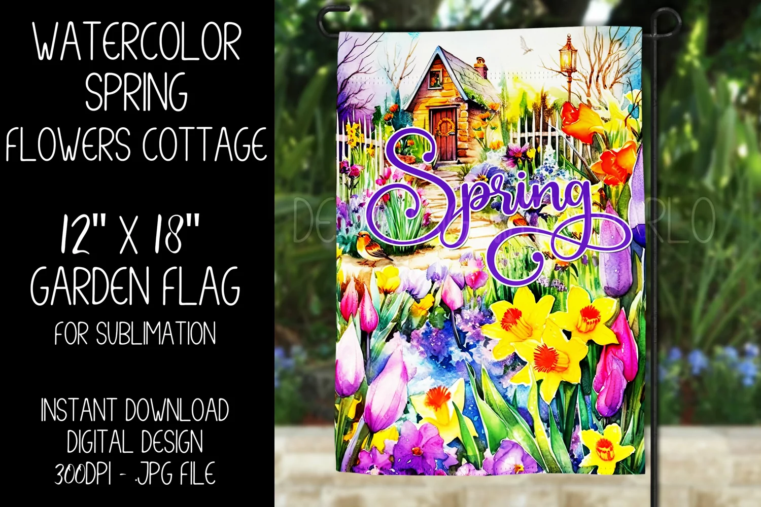 Spring Garden Flag Sublimation Design, Flowers Cottage, d1 product image 1