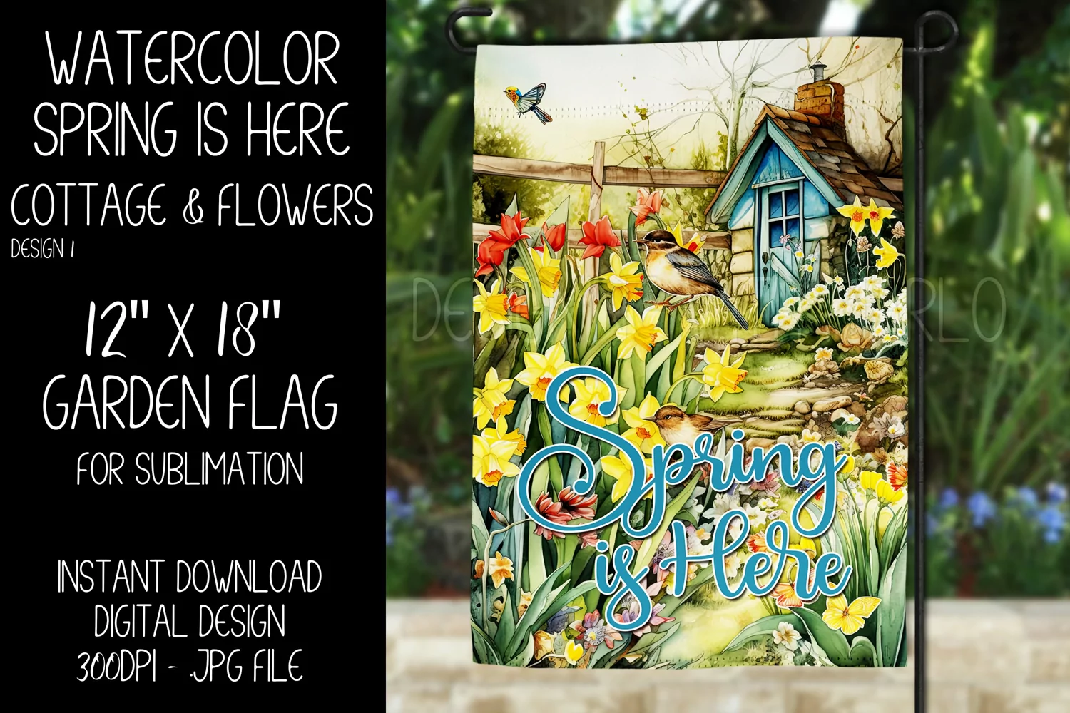 Spring Garden Flag Sublimation Design, Cottage and Flowers product image 1