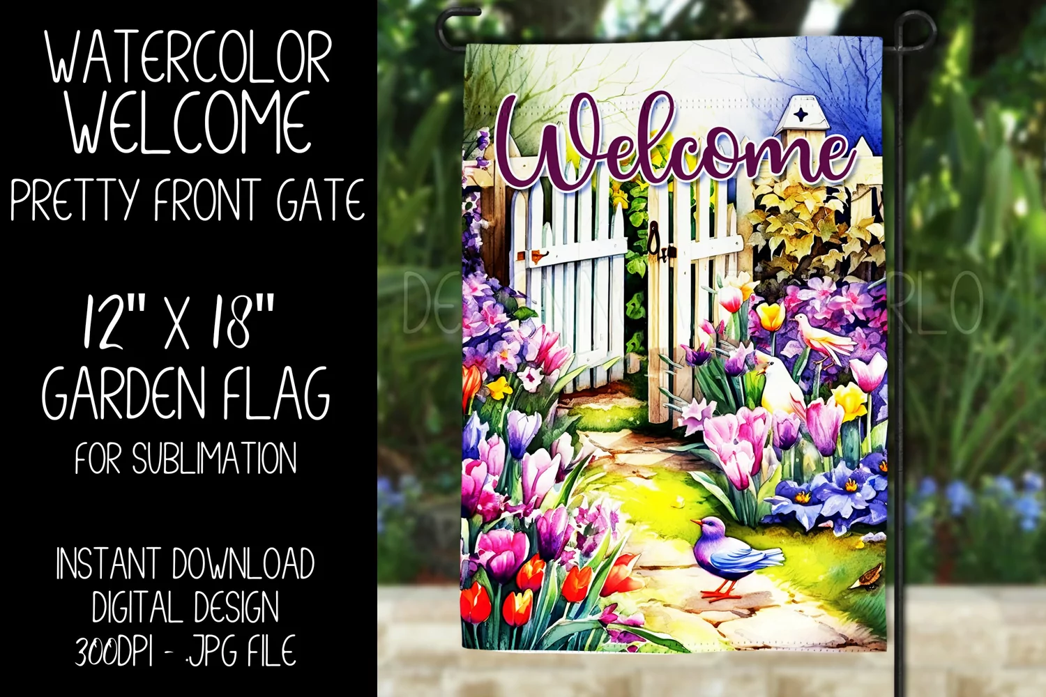 Welcome Garden Flag Sublimation Design, Pretty Front Gate product image 1