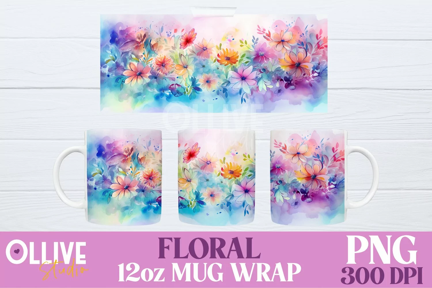 Flowers Watercolor 12oz Mug Sublimation PNG product image 1