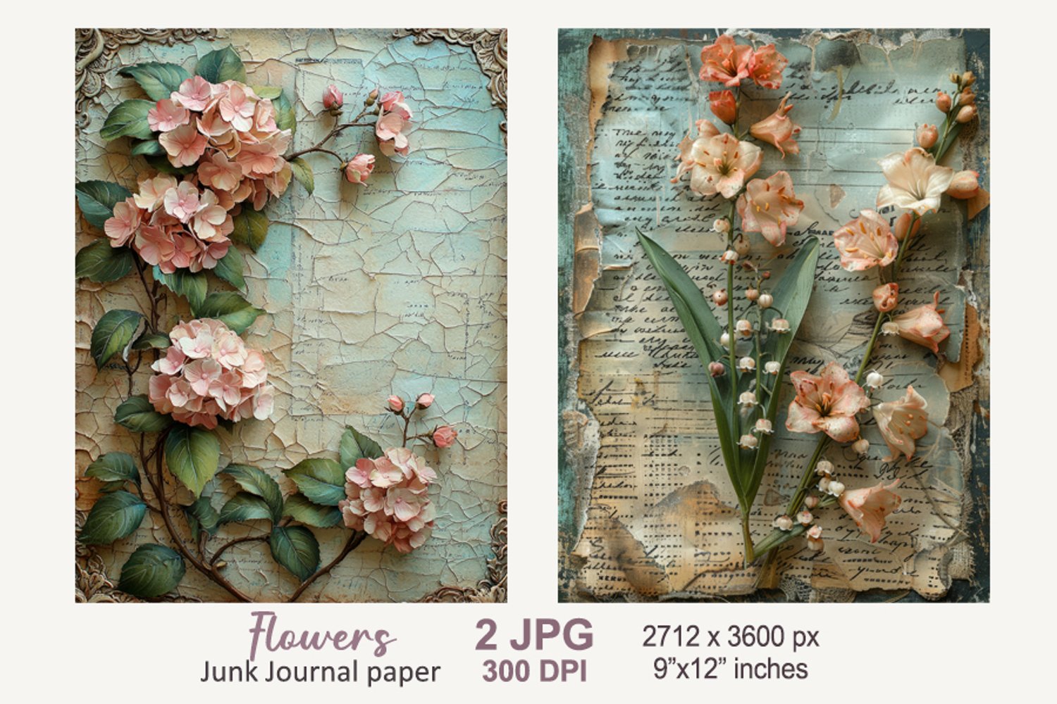 Flower Junk Journal, Flowers Digital Paper Floral background