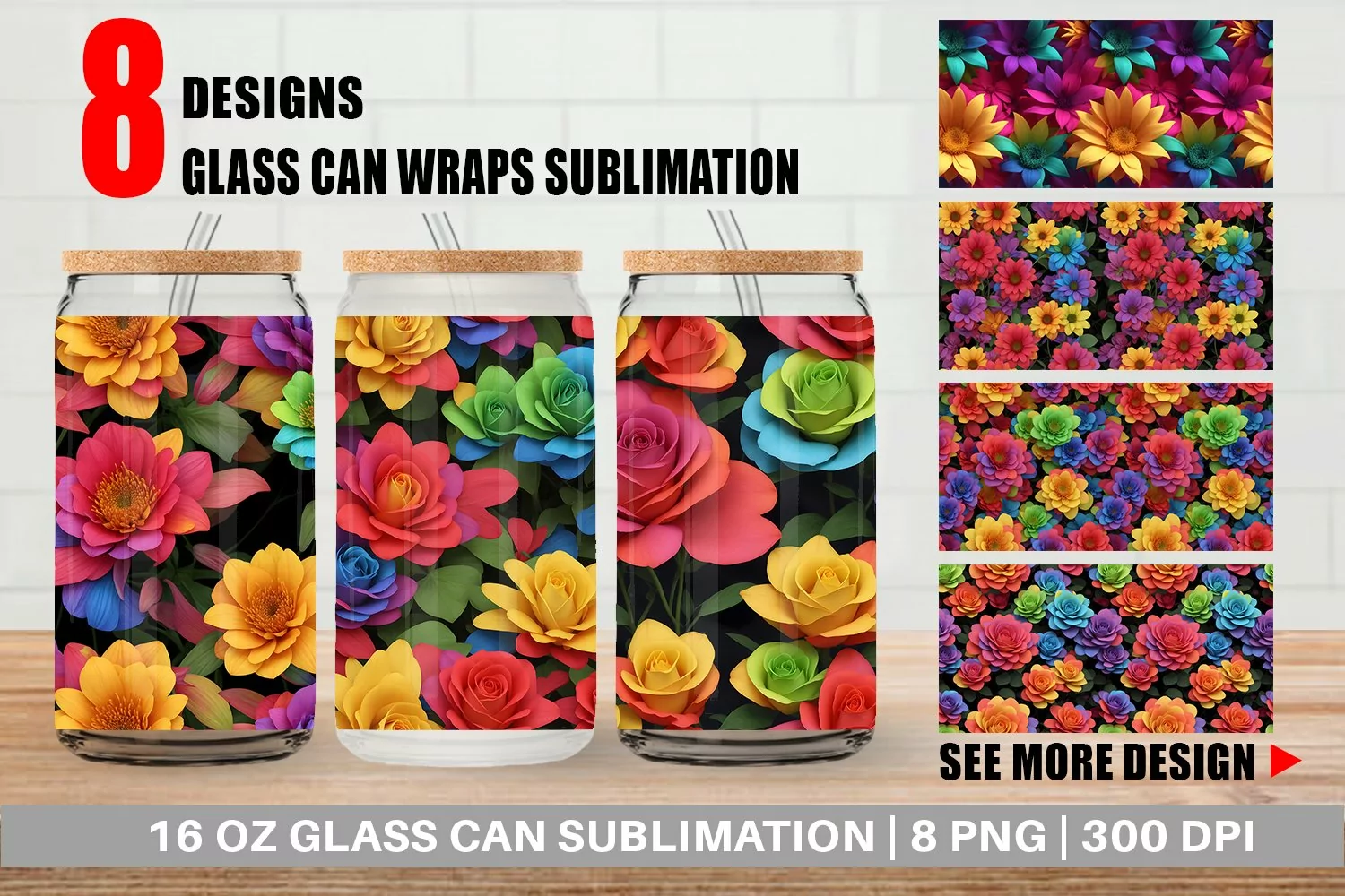 Glass Can Wraps 3D Flower Colorful product image 1